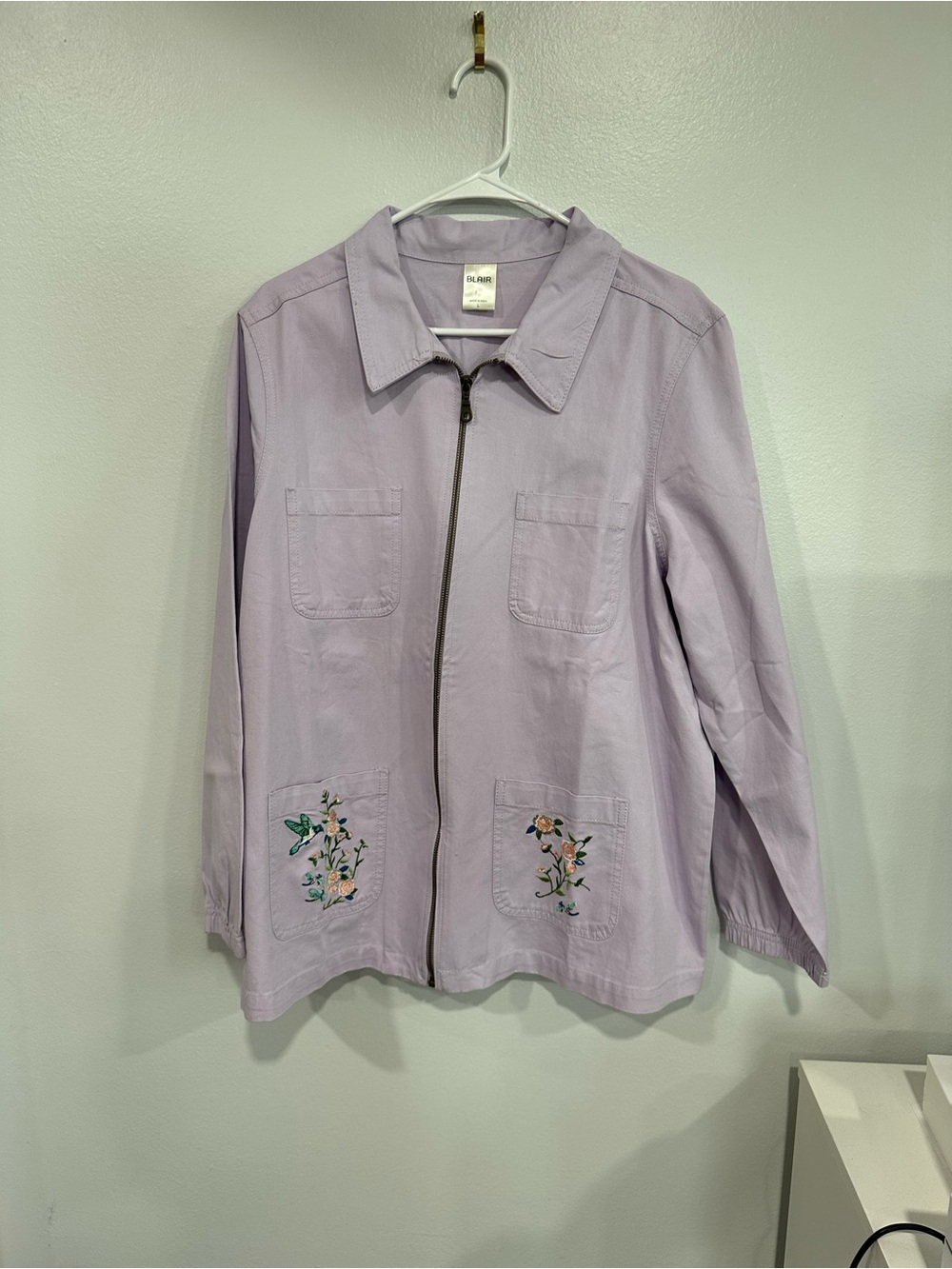 Blair Lavender Zip-Front Utility Jacket with Floral Embroidery
